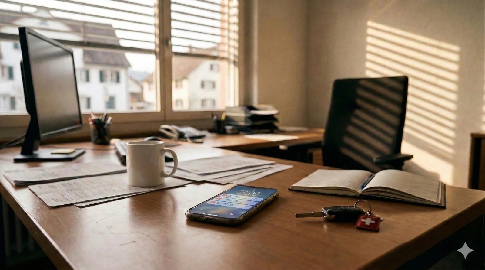 Smartphone auf einem Bürotisch mit Anruf-Benachrichtigungen nach Feierabend
