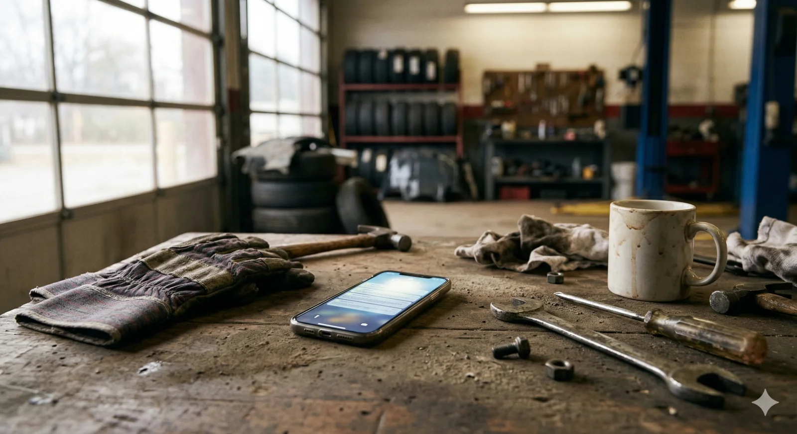 Smartphone auf einer Werkbank in einer Autowerkstatt — niemand ist da um abzuheben